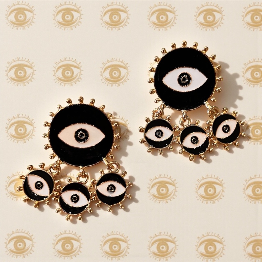 Chic Black and Gold Toned Evil Eye Dangling Earrings - Picture 7 of 17
